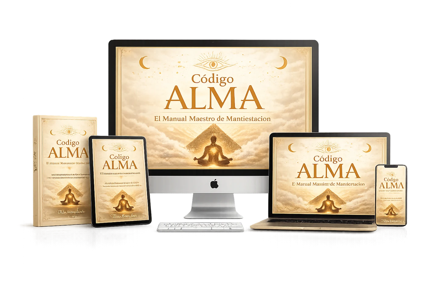 Mockup del sistema Código ALMA en libro, tablet, computadora y celular